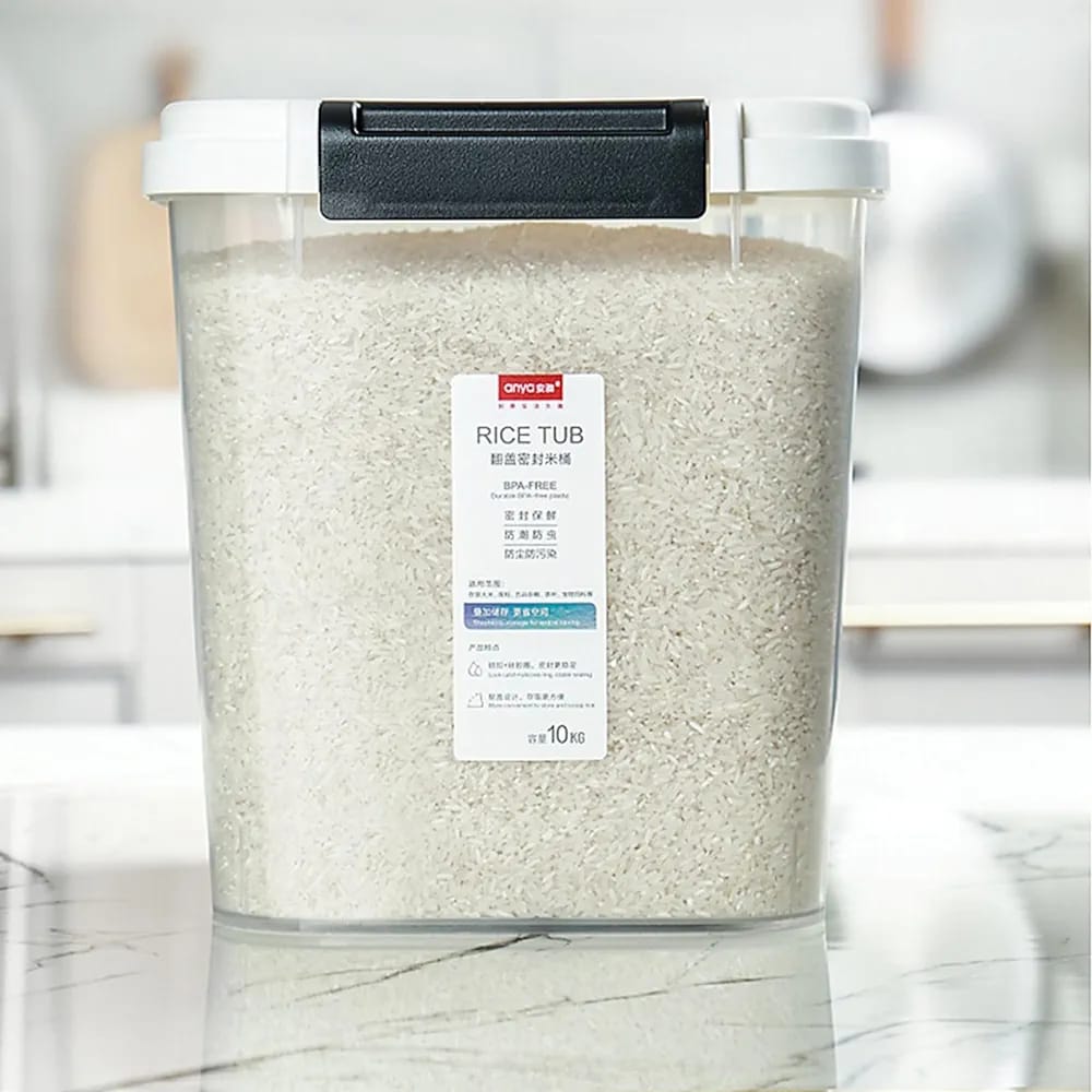 Airtight Grain Storage Box With Rice In It.