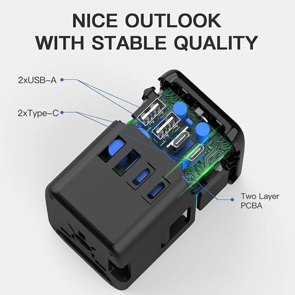 The All-in-One Universal Travel Adaptor with Multiple USB Ports has a nice outlook with stable quality