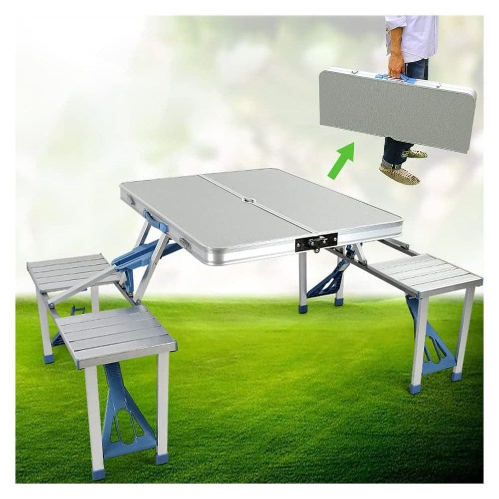 A Person is Carrying Folded Aluminum Picnic Table.