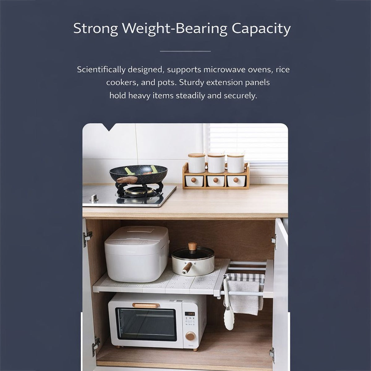 An Adjustable Cabinet Shelf Divider Organizer is Installed inside Kitchen Shelf.