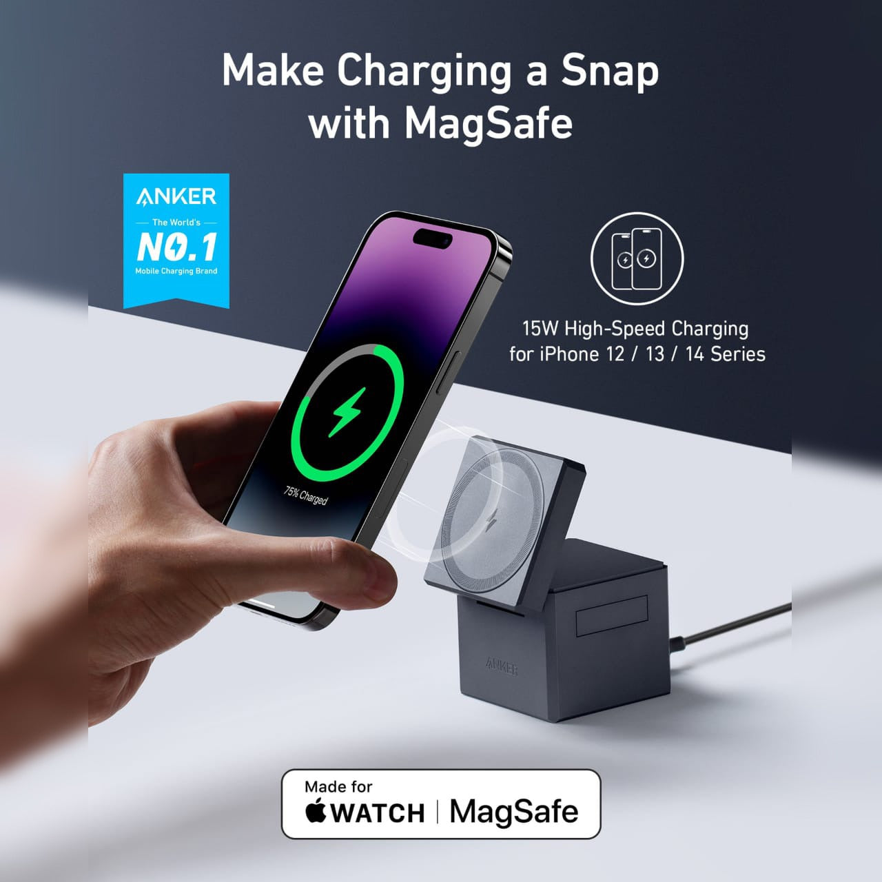 A Person is Placing His Phone On Anker 3-in-1 Cube with MagSafe.