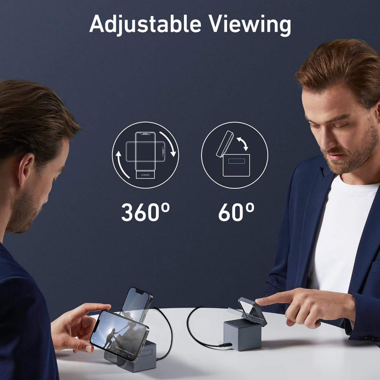 Two Persons are Using Mobile Phone in Different Angles Which is Connected to Anker 3-in-1 Cube with MagSafe