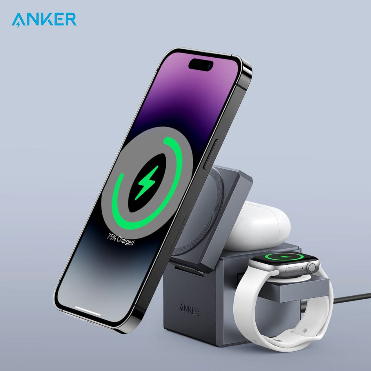 Mobile Phone, Airpod, Watch are Connected to Anker 3-in-1 Cube with MagSafe.