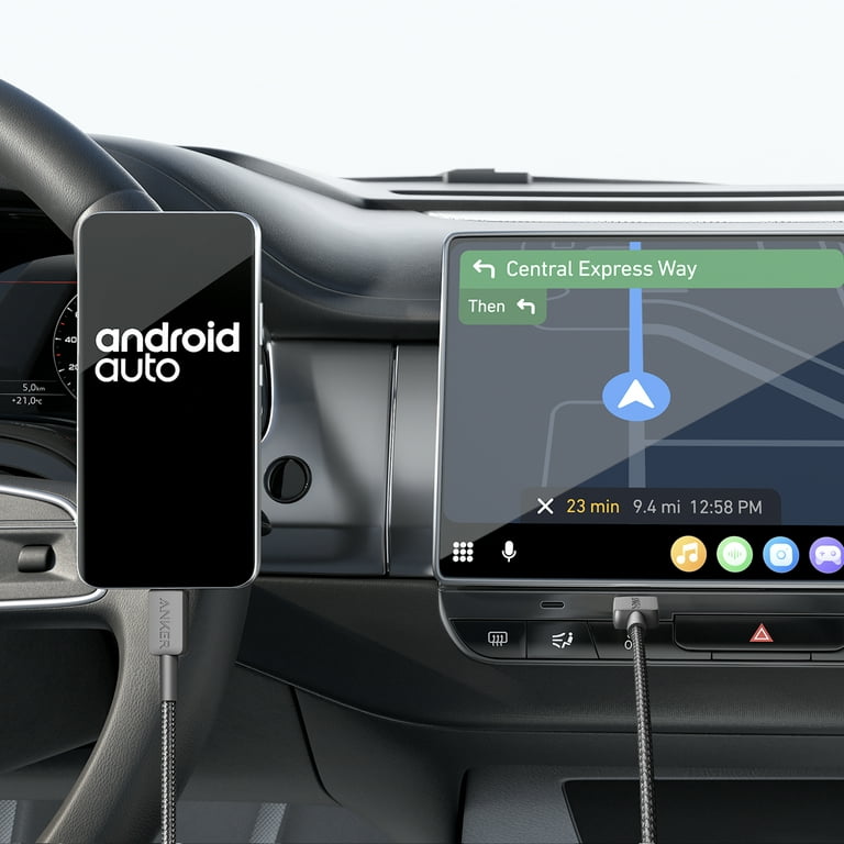 Anker's 322 USB-A to USB-C Braided Cable, measuring 1.8 meters, is being used in the car