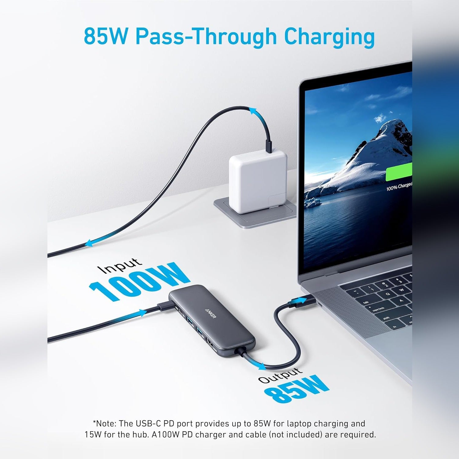 Anker 332 USB‑C Hub (5‑in‑1) with 85W pass-through charging connected between a wall charger and a laptop, showing 100W power input and 85W output for efficient laptop charging while using the hub.