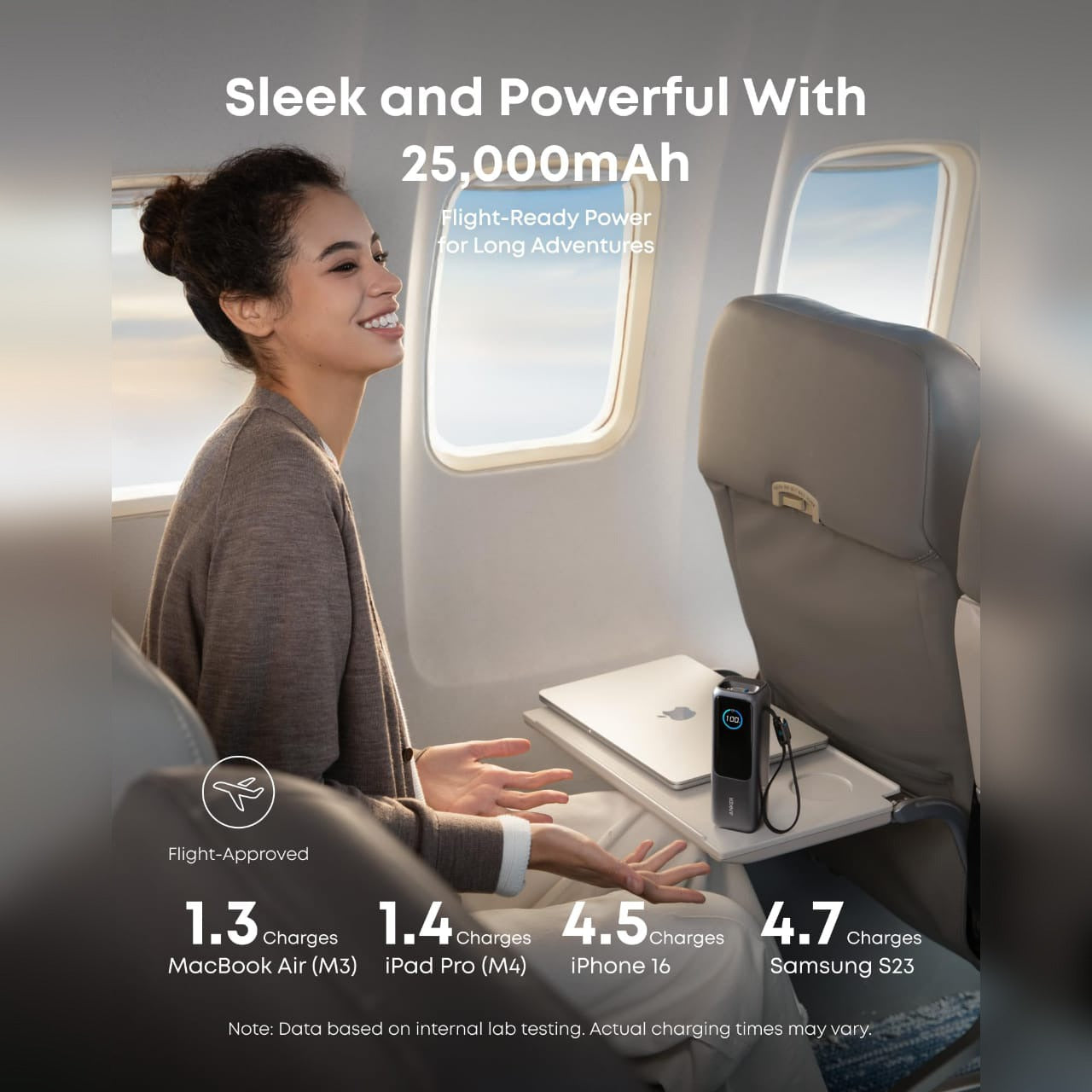 A woman is Happily Sitting in a Flight By Placing Anker High-Power Multi-Device Charging Laptop Power Bank and Laptop Infront Of Her.