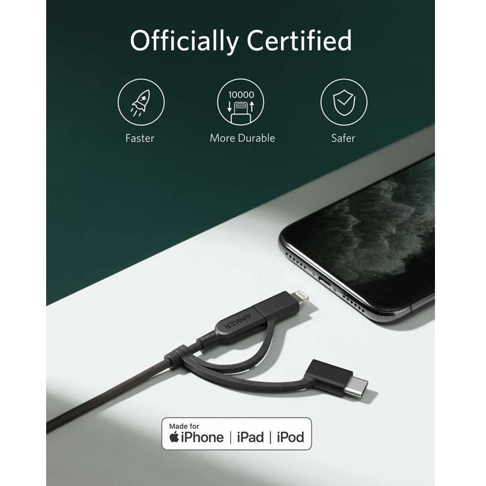 The Anker PowerLine II 3-in-1 Cable with Micro USB, USB-C is placed on the table next to a mobile device