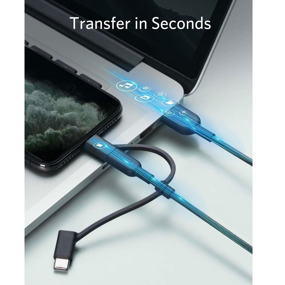 Charging a mobile phone and laptop using the Anker PowerLine II 3-in-1 Cable with Micro USB, USB-C