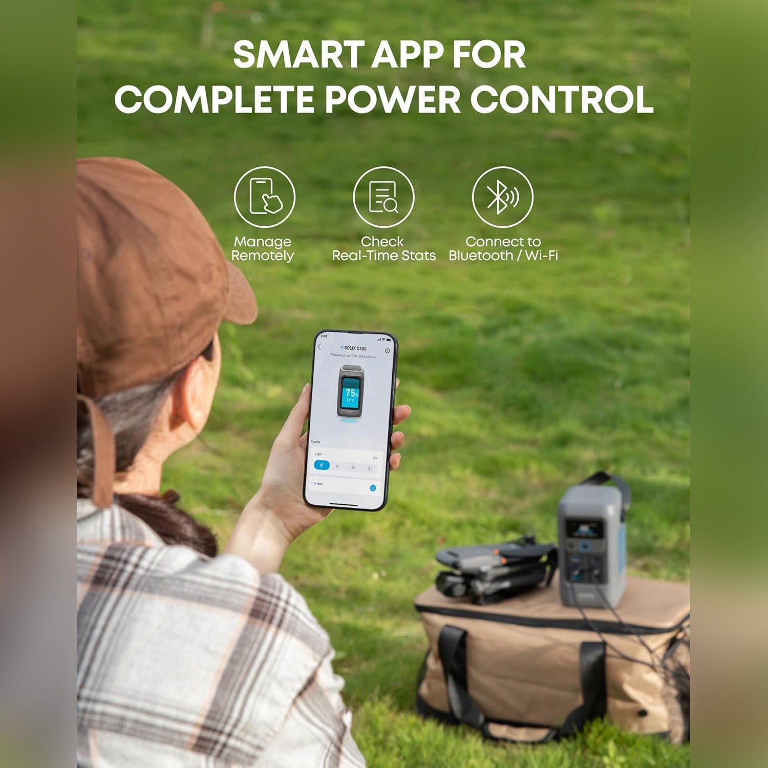 A Woman is Operating Anker SOLIX C200 DC Portable Power Station Via Mobile App.