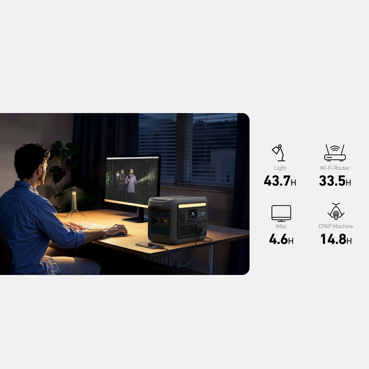 Anker SOLIX C200 DC Portable Power Station powering a laptop on a home desk, and a person is working.