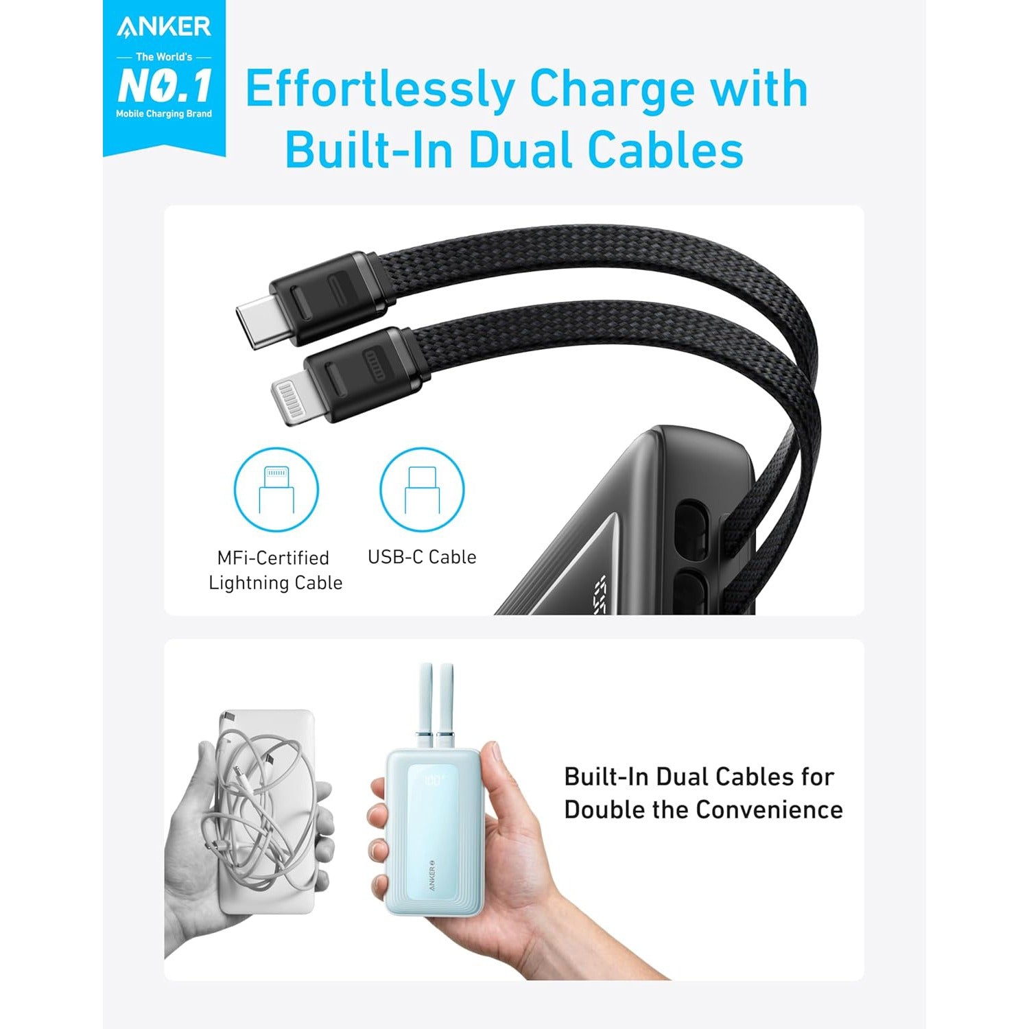 A Person is Holding Anker Zolo Power Bank (10,000mAh, 30W, Built-In USB-C & Lightning Cables).