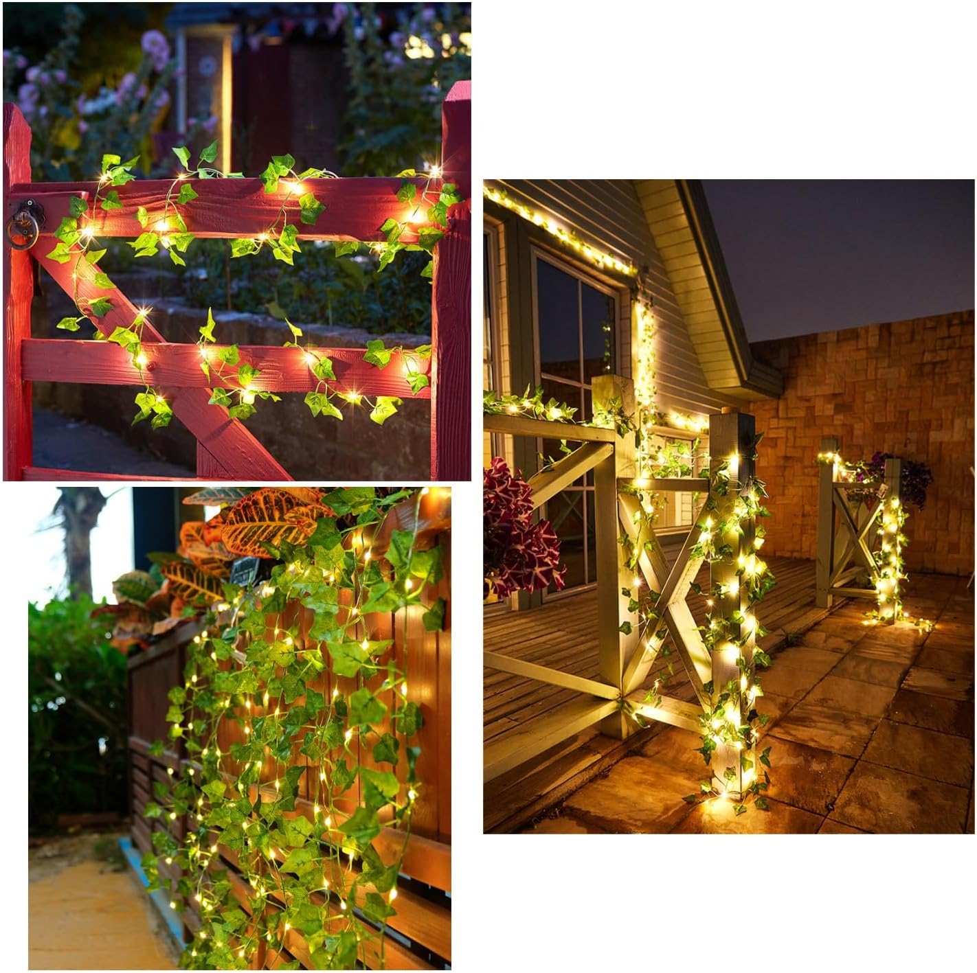 Collage of outdoor scenes with Artificial Ivy Leaf Garland LED String Lights.