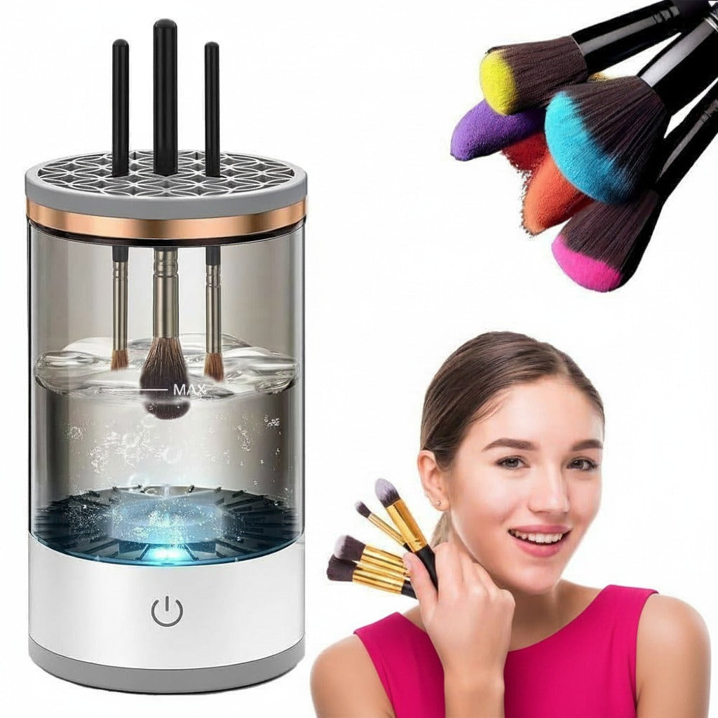 Makeup brush cleaner with brushes and a woman holding brushes on a white background
