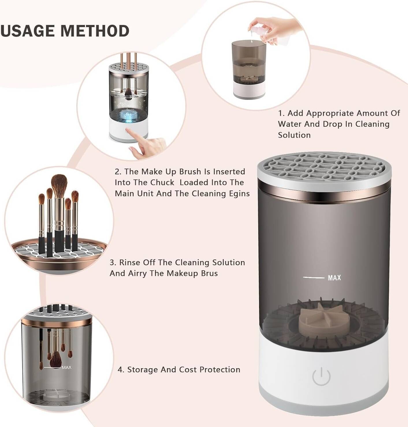 Makeup brush cleaning device with usage method instructions on a light pink background