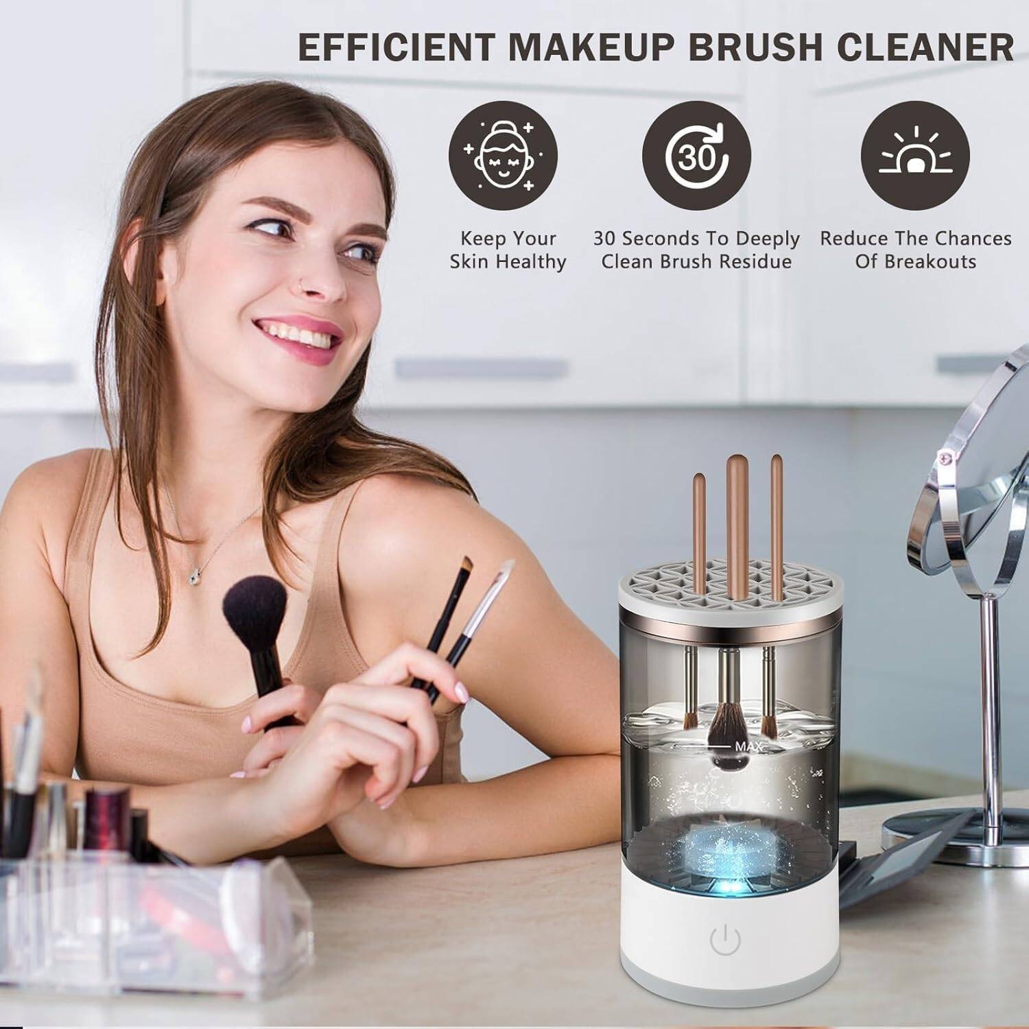 Makeup brush cleaner with a woman holding brushes in a kitchen setting