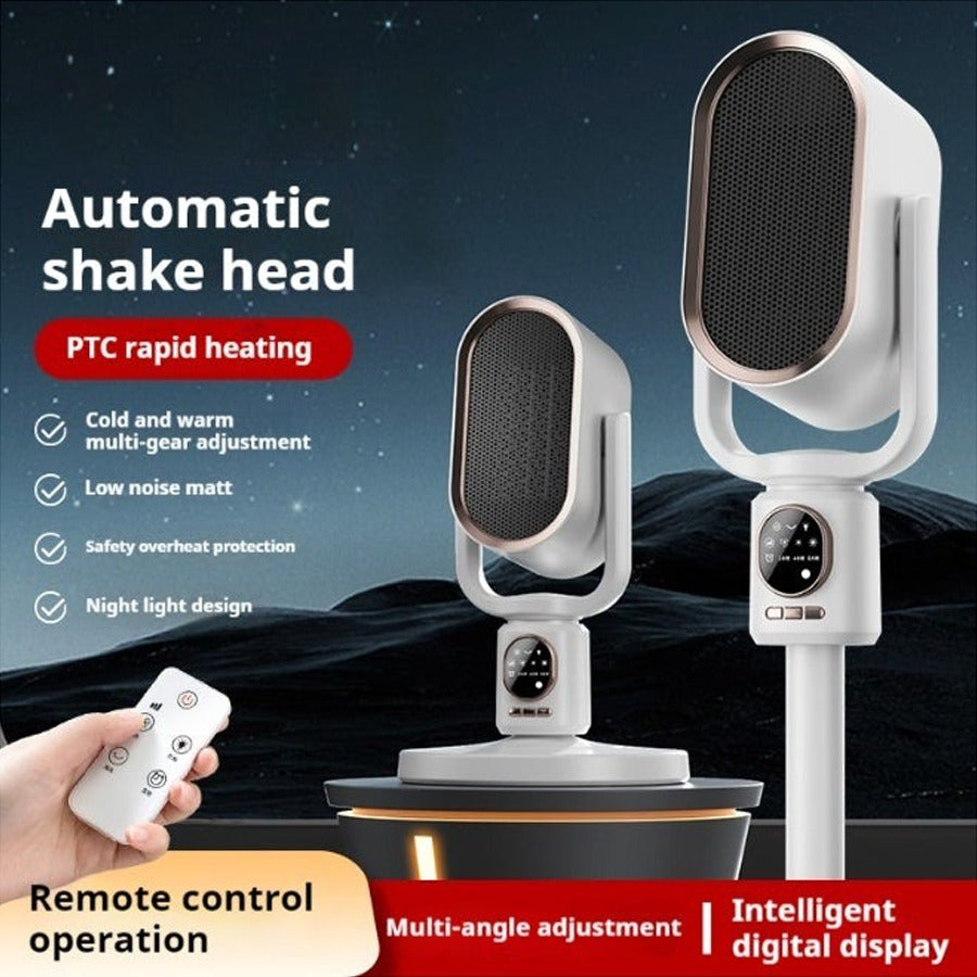 A Person is Operating Automatic Shaking Head Fan Heater with Remote Control.