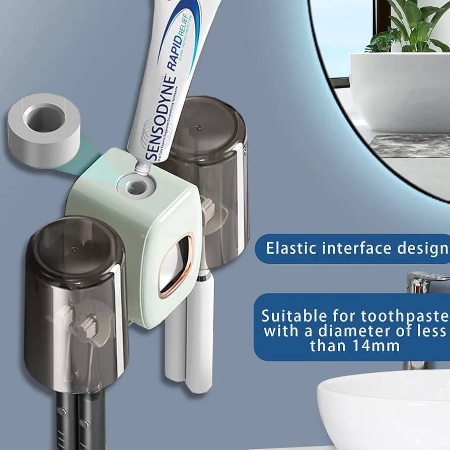 Automatic Toothpaste Dispenser Hanged On the Wall With Brushes and Toothpaste Are Placed On it.