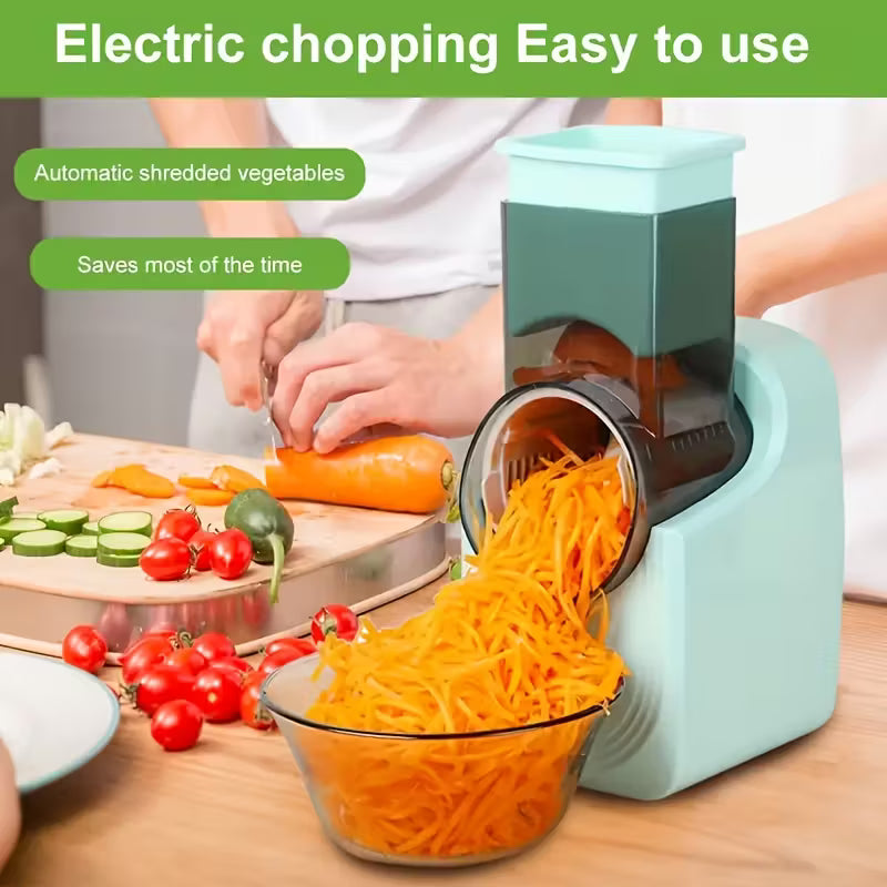 A Woman is Using Automatic Vegetable Cutter Chopper Machine to Grate Carrot.