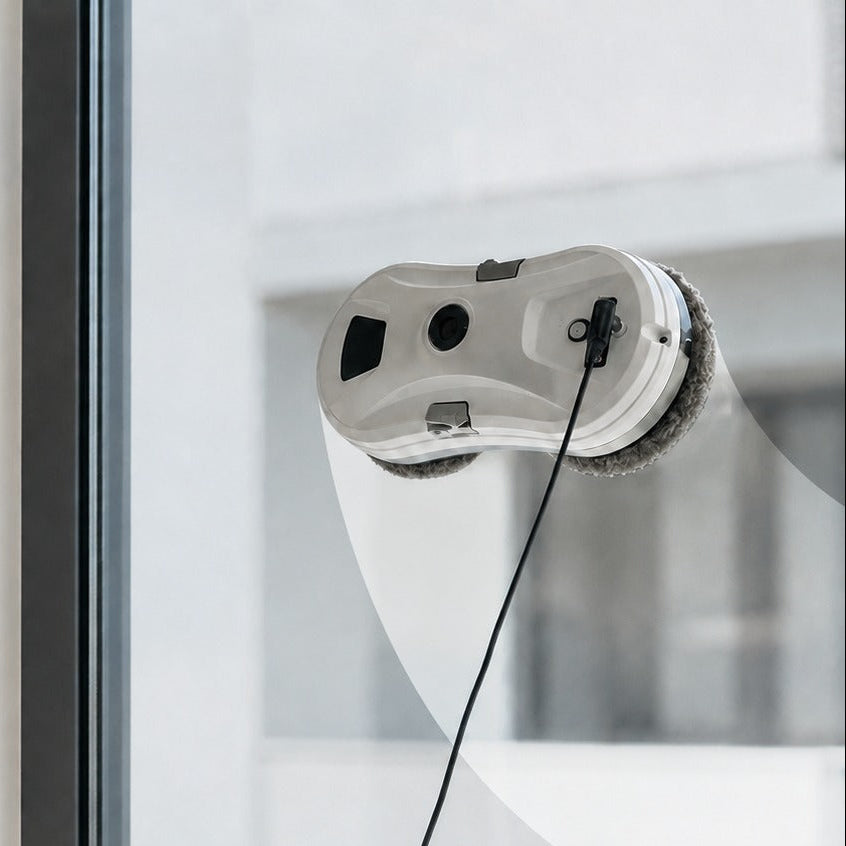 A white and gray window cleaning robot with a black power cord, shown attached to a glass window in a modern interior setting.