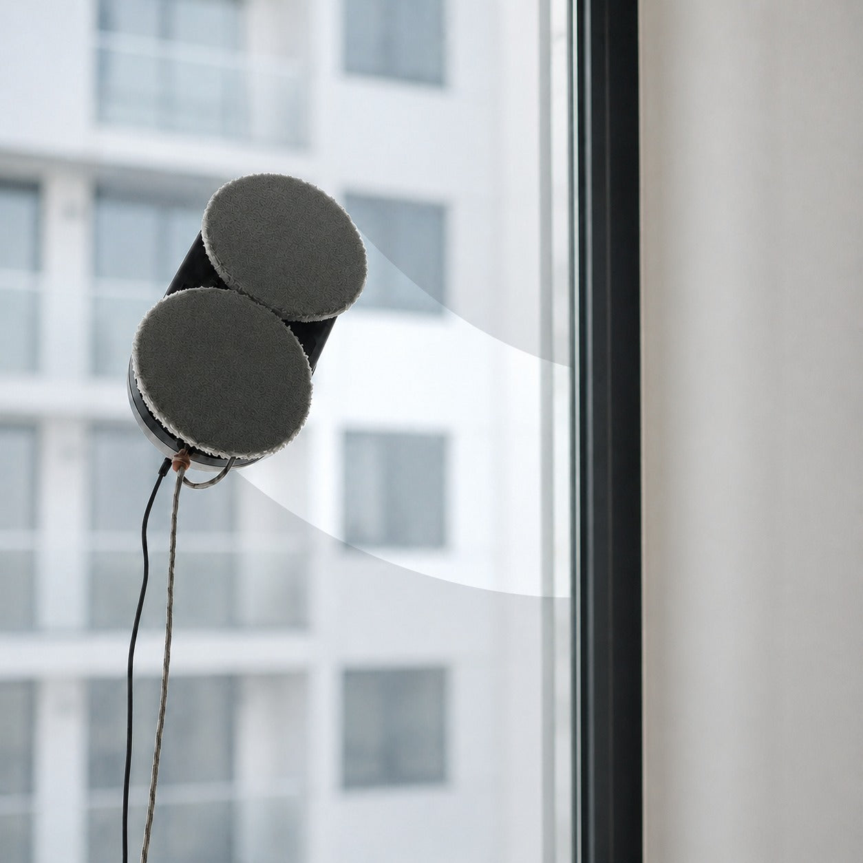 A pair of gray circular magnetic window speakers mounted on a glass window pane next to a white curtain, with a blurred building facade in the background.