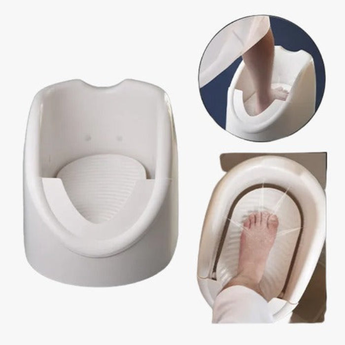 A Person is Washing His Legs Using Automatic Wudu Foot Washer Basin.