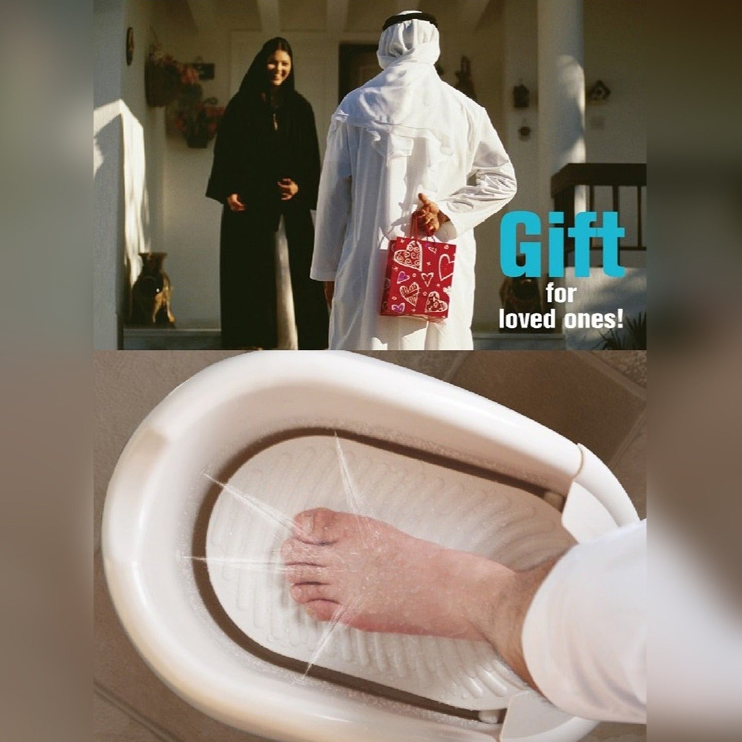 A Person is Washing His Legs Using Automatic Wudu Foot Washer Basin.