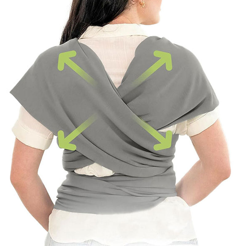 Backside View Of Women Wearing Newborn Baby Wrap Carrier Cloth in Grey Color.