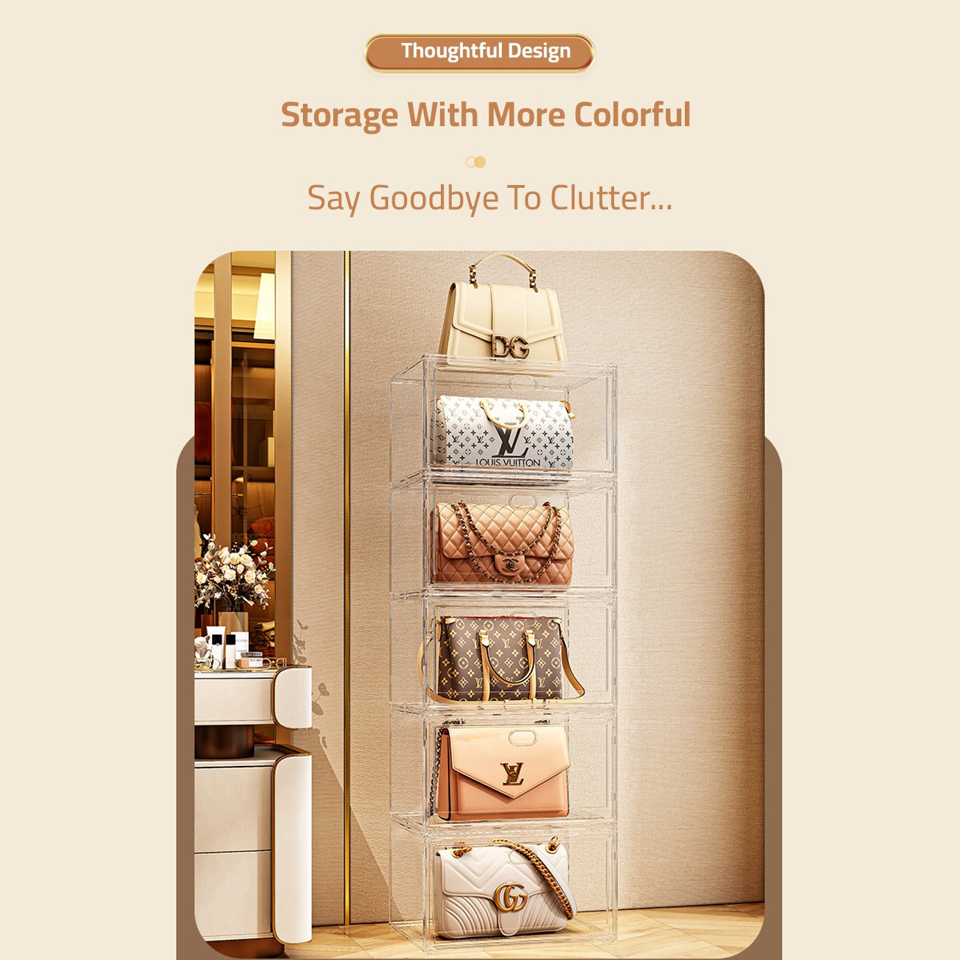 Bags are Organized at Stackable Transparent Shoe Box Organizer.