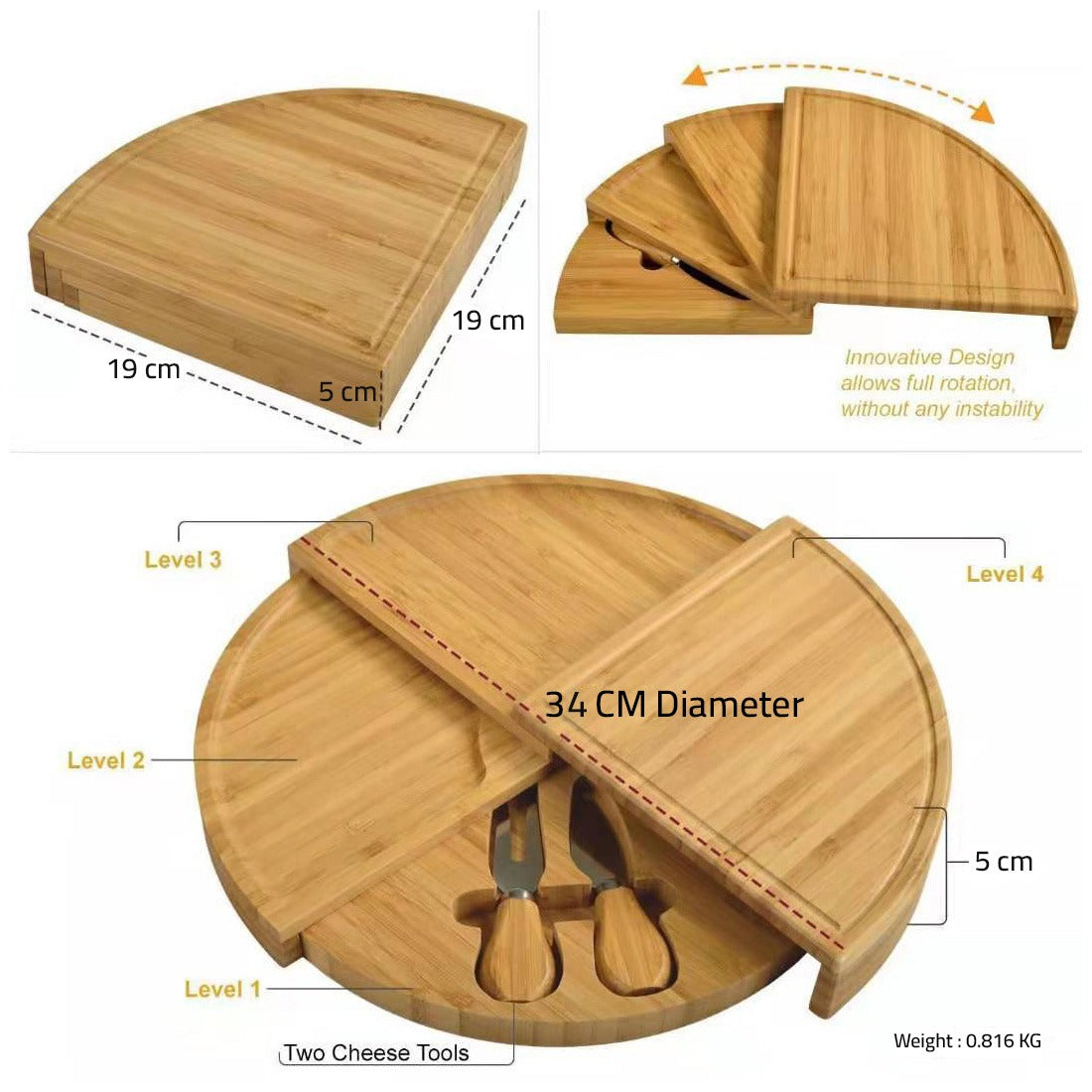 Size Of Bamboo Cheese Board and Knife Set.