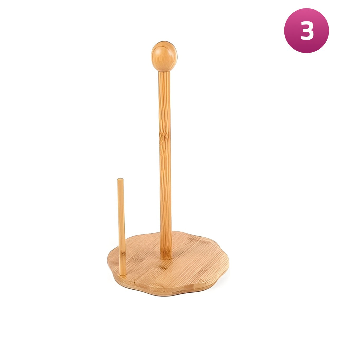 A wooden paper towel holder with a round textured base and upright rods for holding and dispensing paper rolls.