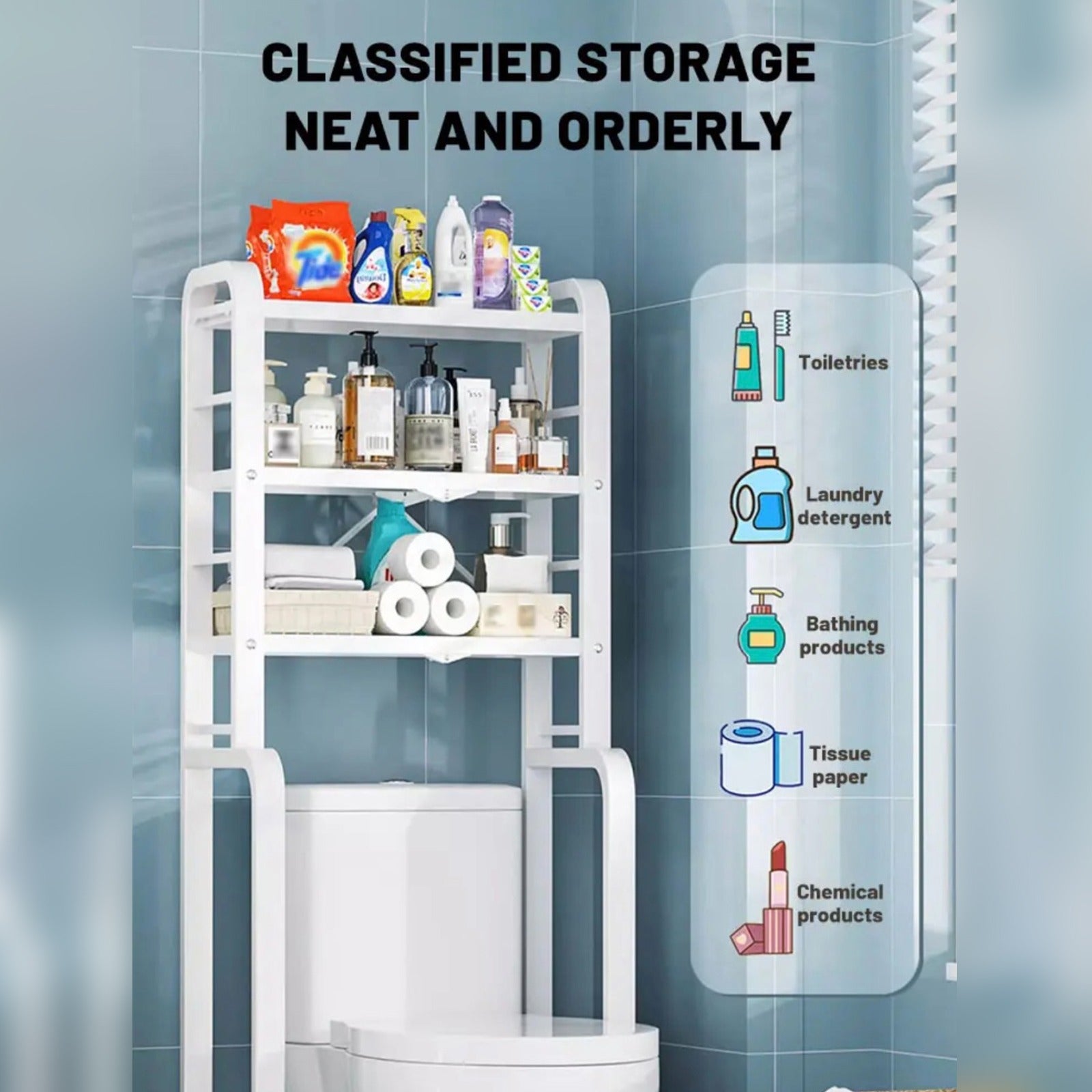 Bathroom Storage Cabinet Shelf Organizer With Laundry and Bath Essentials.