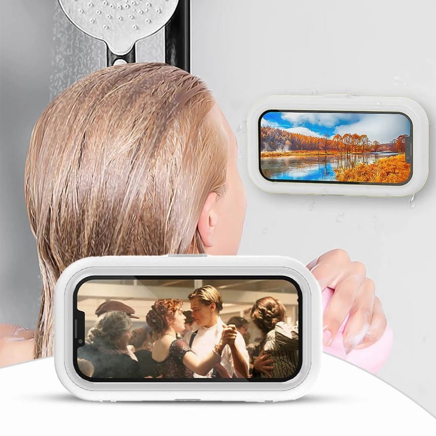A Women is Placed Bathroom Waterproof Mobile Phone Holder On the Wall While Showering.