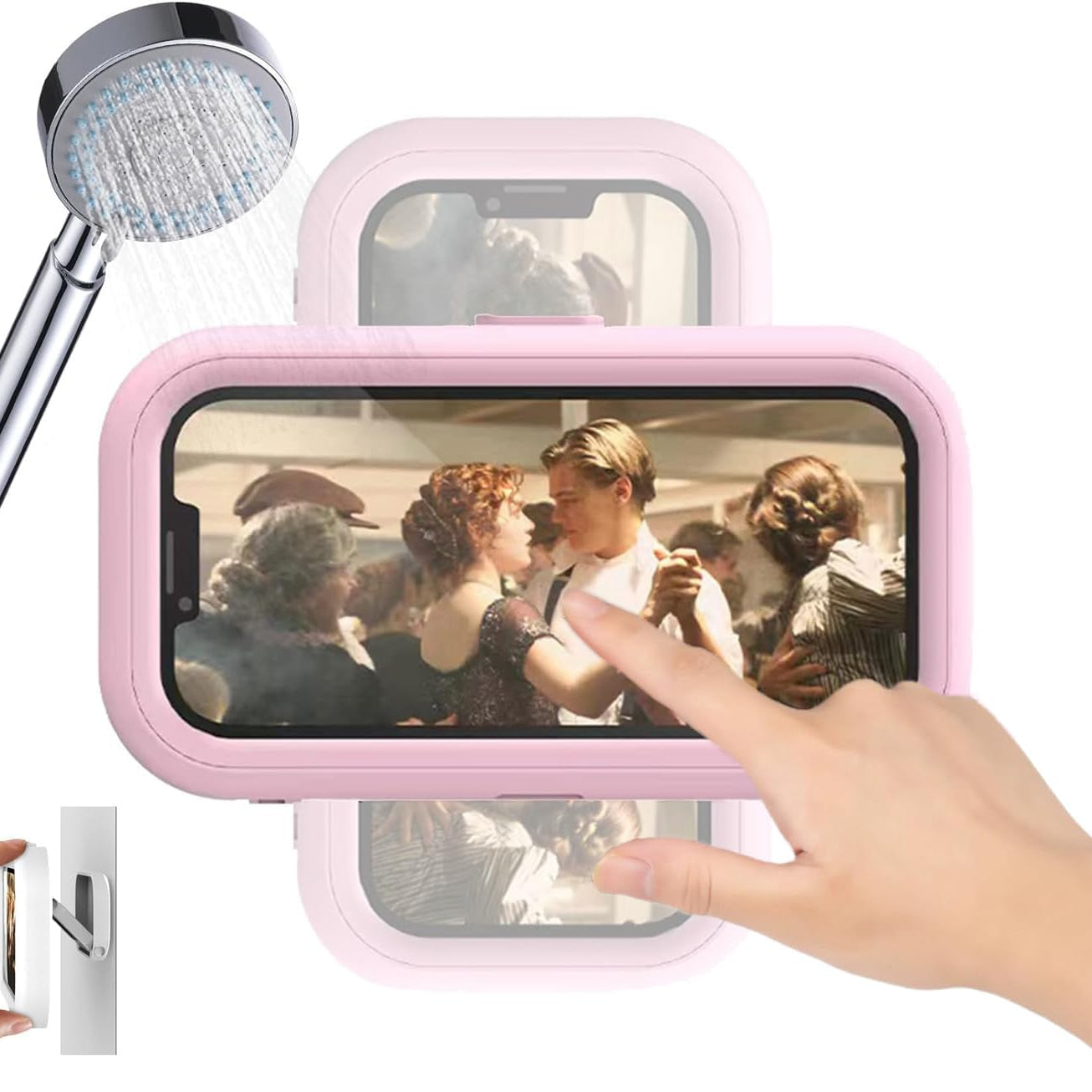 A Person is Touching The Screen of Mobile Phone Which is Placed in A Bathroom Waterproof Mobile Phone Holder.