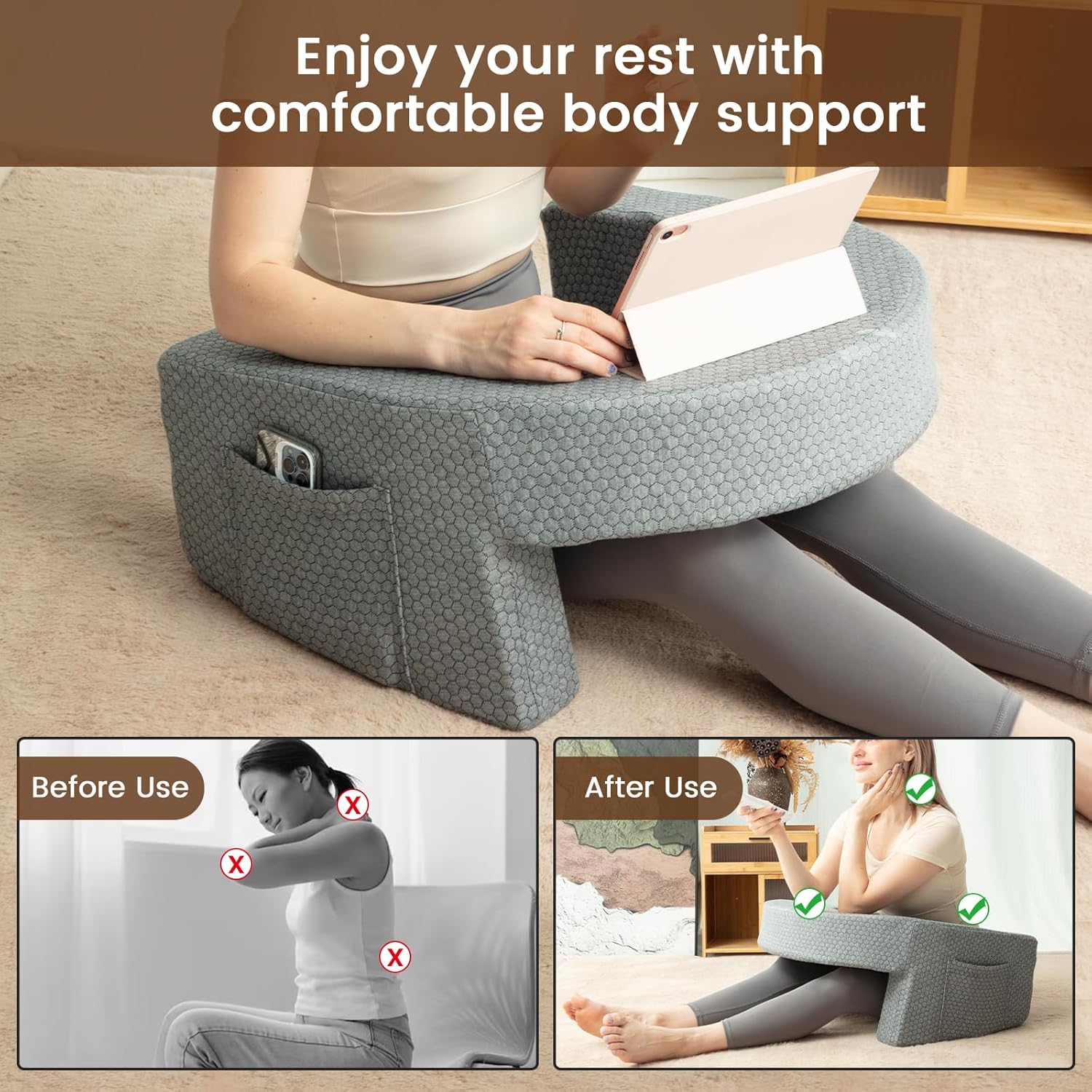 A Woman is Using Mobile Phone with the Support Of Bed Reading Pillow.