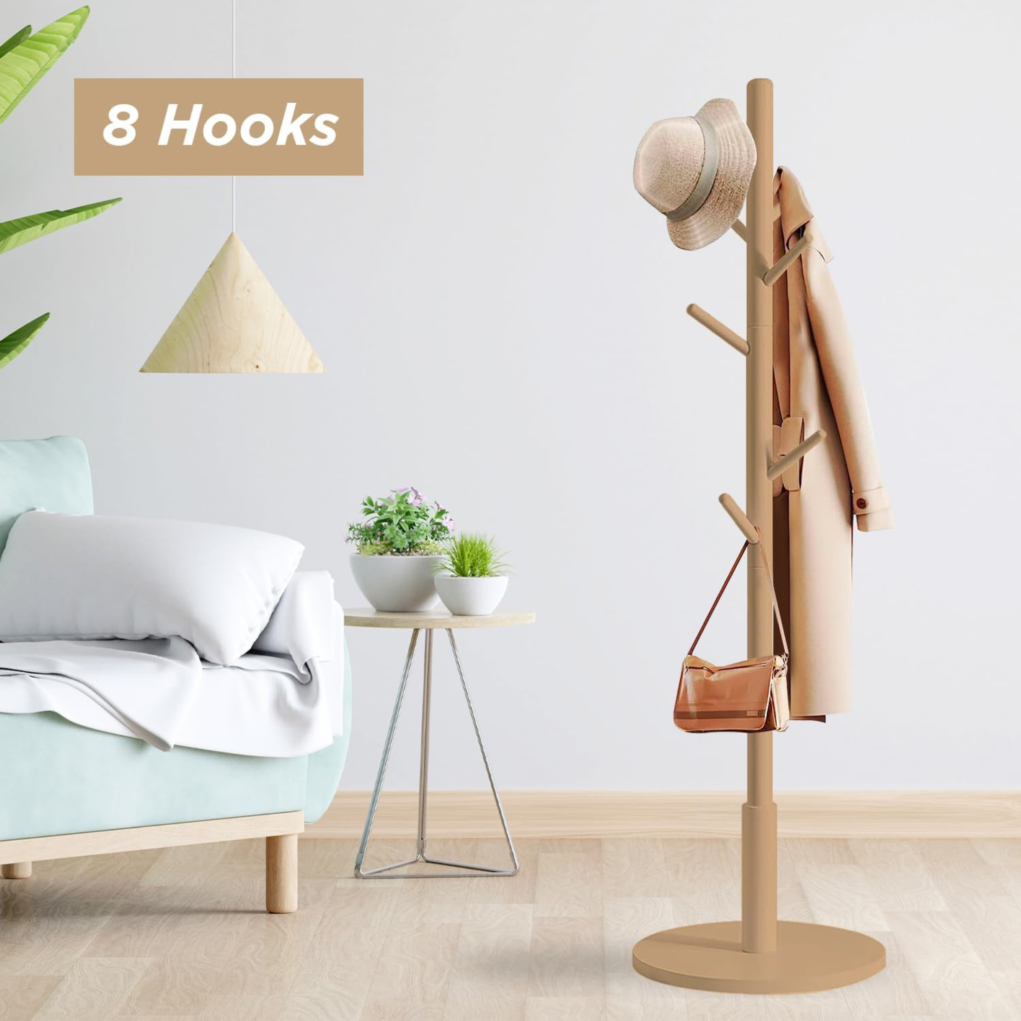 Wooden Coat Rack Stand with Coat, Hat and Bag Are Hanged On it.