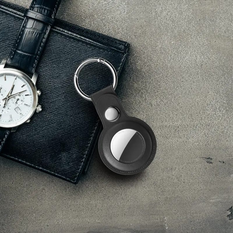 Bluepebble Classic Leather Protective AirTag Case With Key Ring in Black Color.