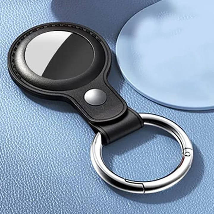 Bluepebble Classic Leather Protective AirTag Case With Key Ring in Black Color.
