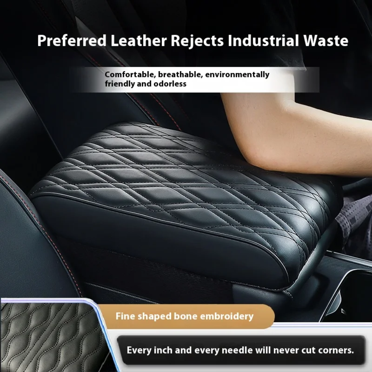 A Person is Placing his Elbow at Car Armrest Cushion Which is Placed on a Center Console of a Car.