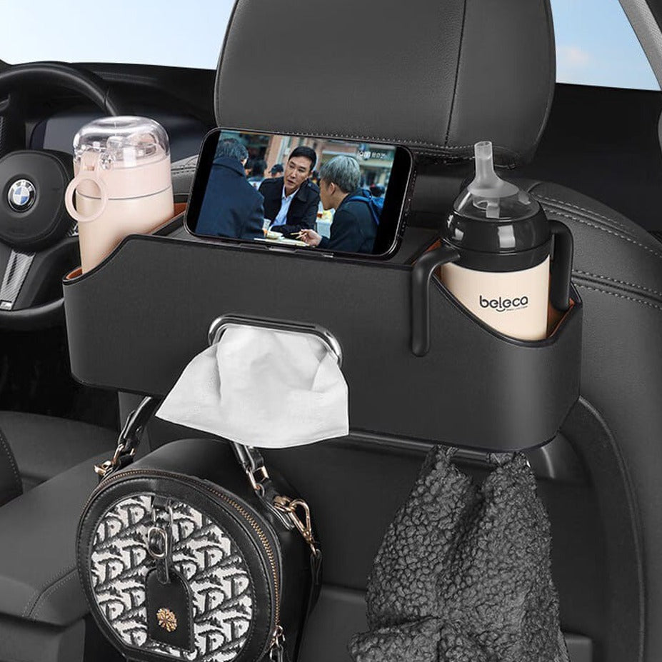 Black Car Seat Headrest Storage Organizer Box With Bottle and Mobile Phone.