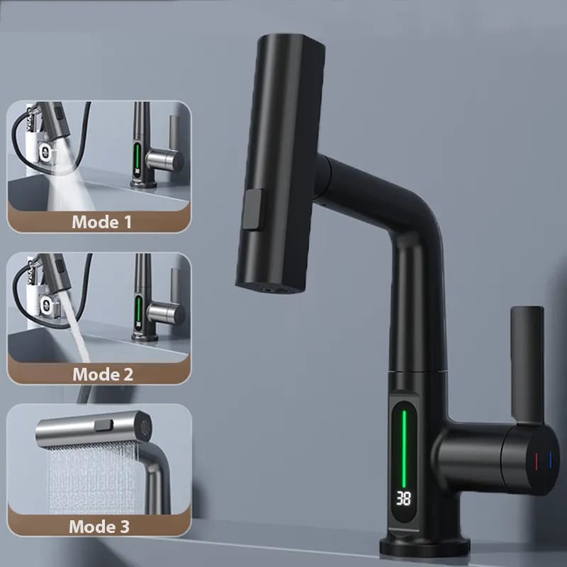 Black Digital Display Pull Type Kitchen Faucet.