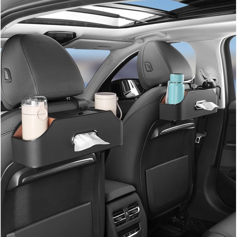 Black Car Seat Headrest Storage Organizer Box Organized With Bottles and Tissues.