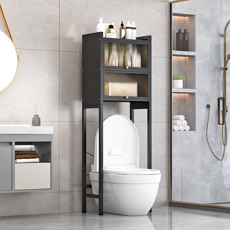Toilet Storage Cabinet in Black Color Placed Over Toilet.