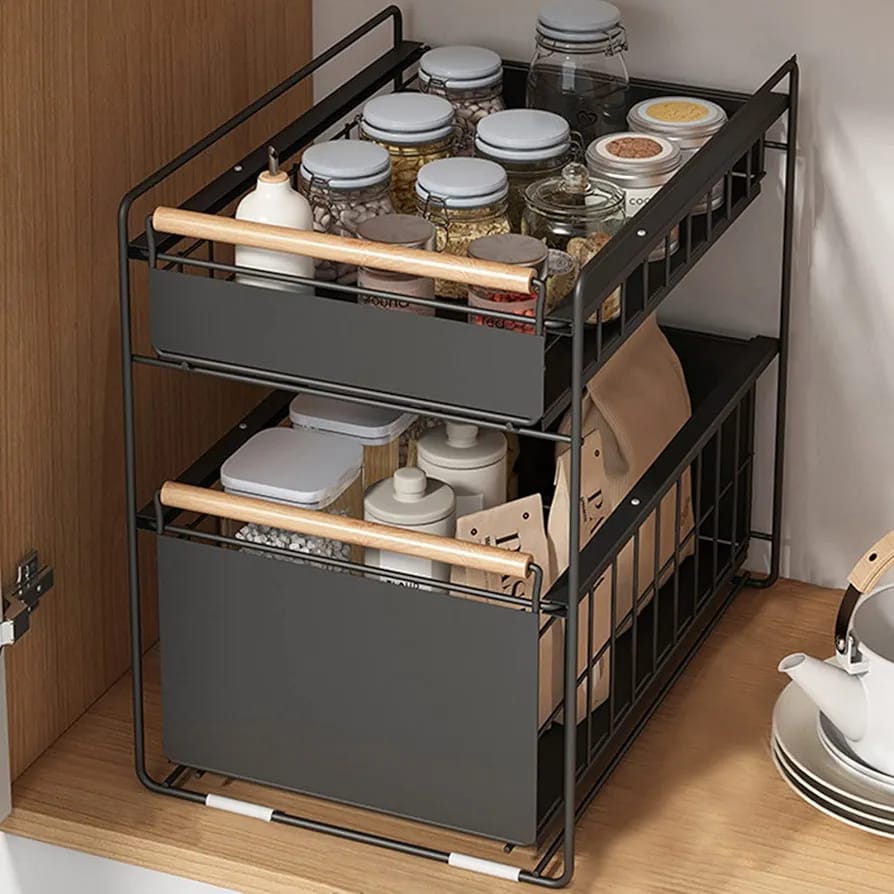 Kitchen Essentials are Organized at Under Sink Storage Rack.