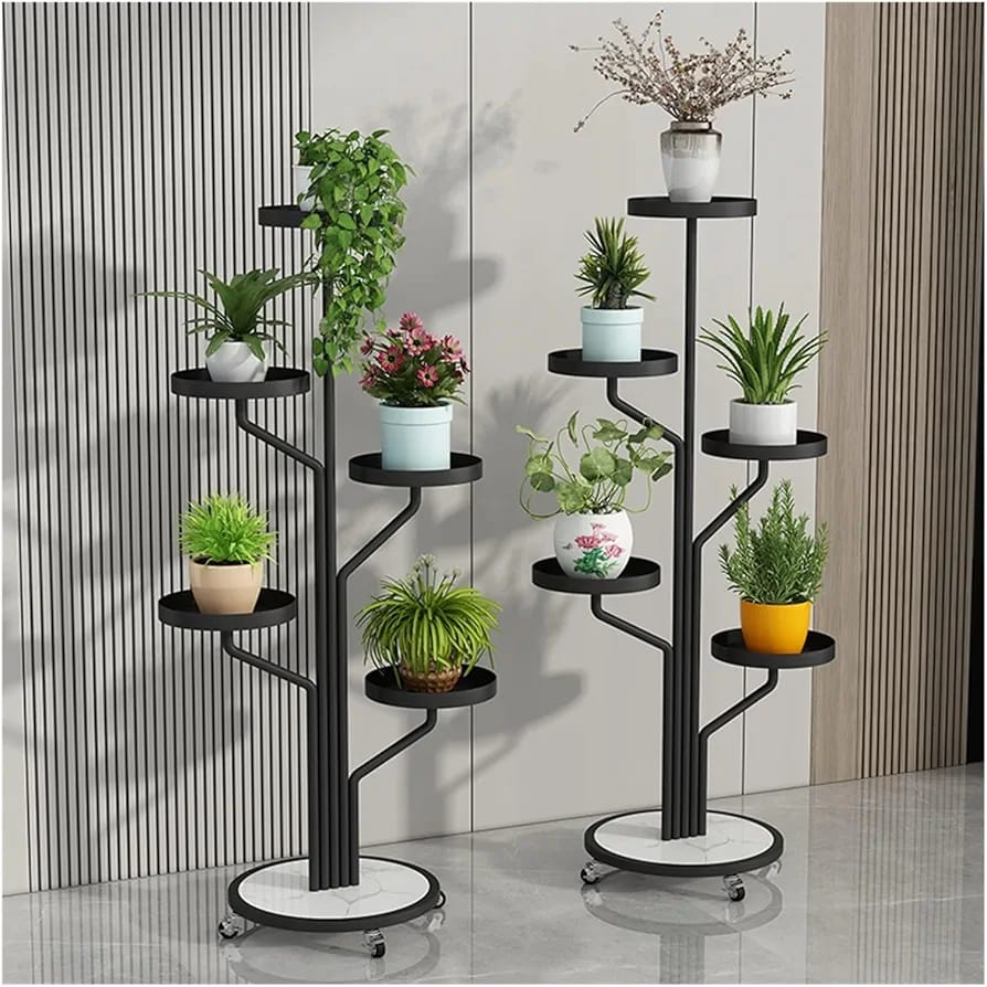 Black color Indoor Plant Stands placed in a room along with plants