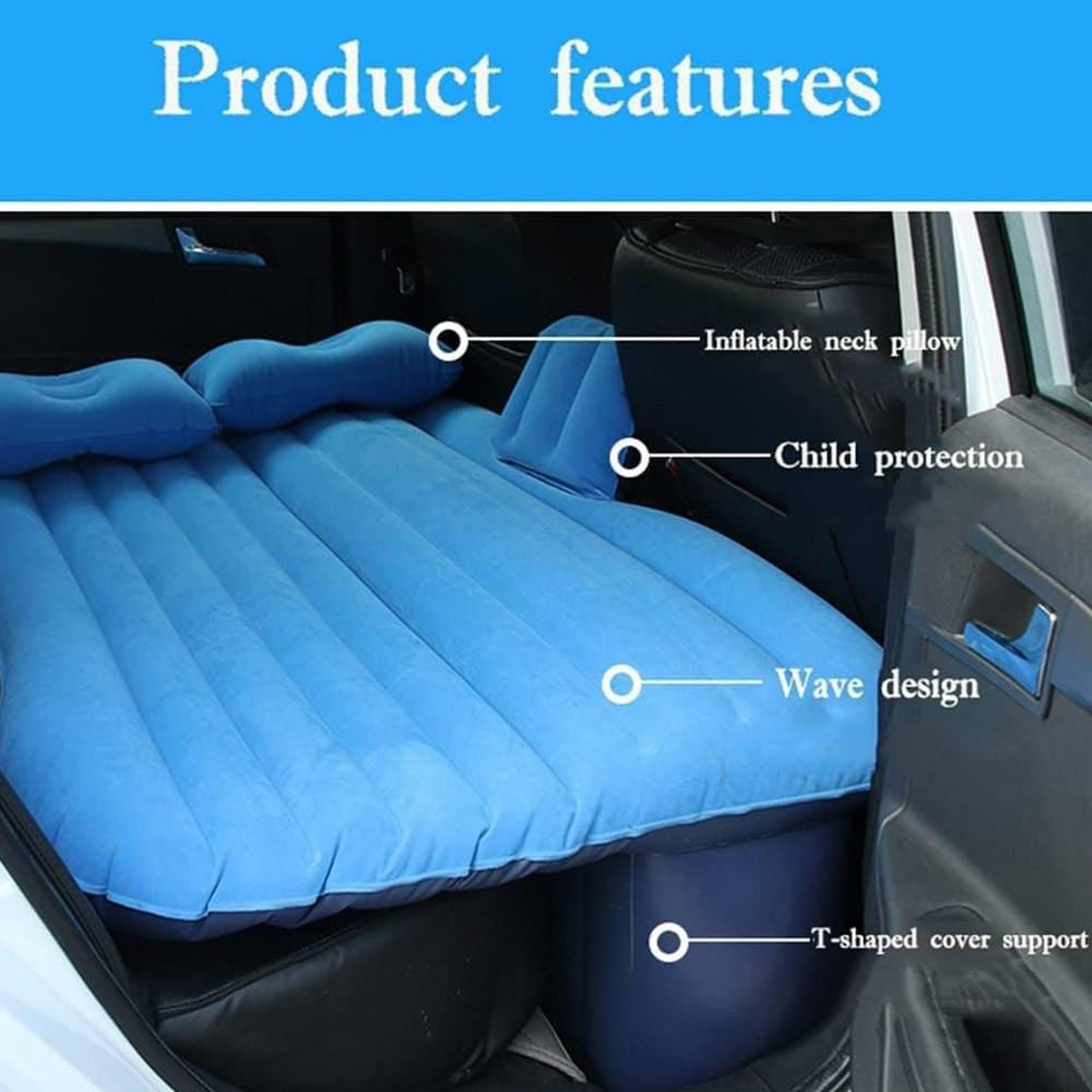 Blue color Inflatable Car Bed with pillow arranged in a car ready for use