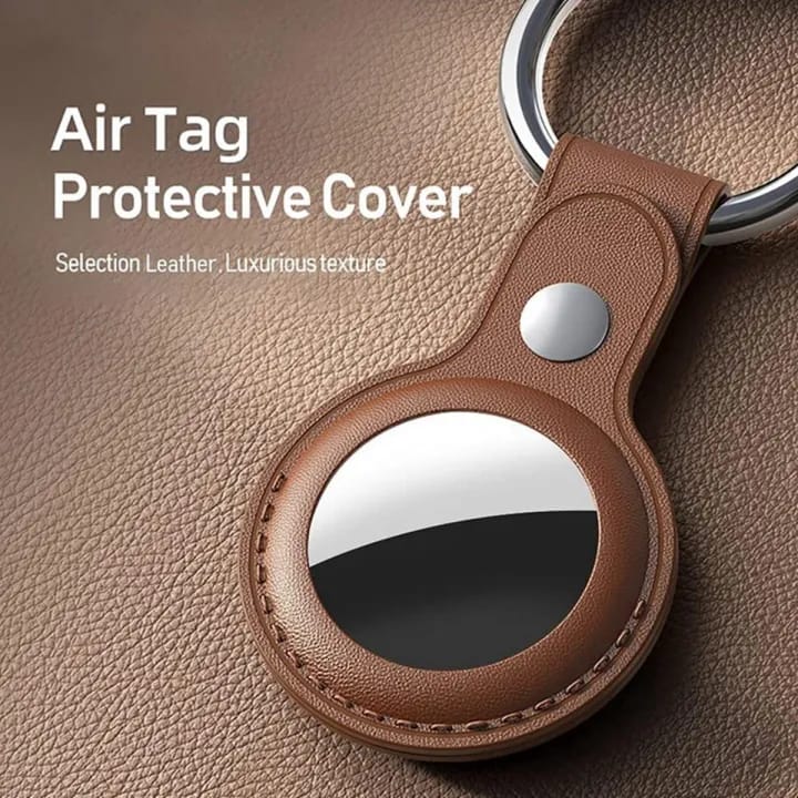 Classic Leather Protective AirTag Case With Key Ring in Brown Color.