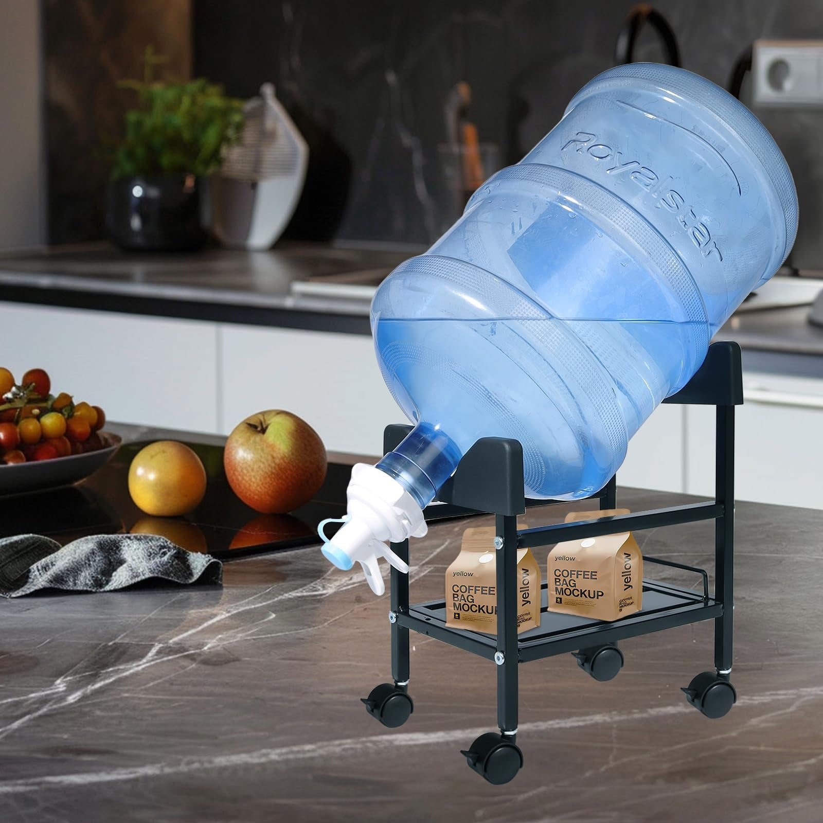 Large water jug on a wheeled dispenser stand placed on a kitchen counter.