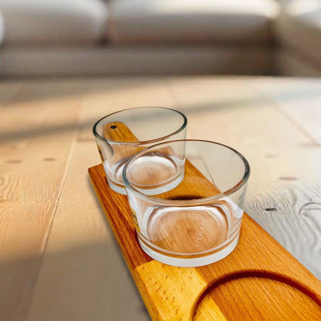 Bowls Of Snack Serving Tray with Wooden Base.