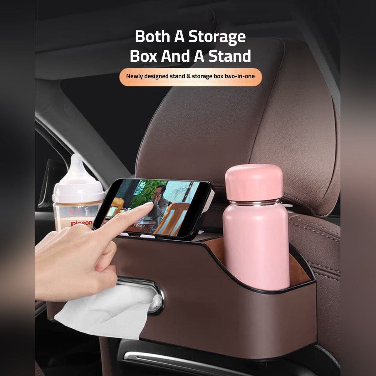 A Person is Watching Phone By Placing it in the Brown Car Seat Headrest Storage Organizer Box.