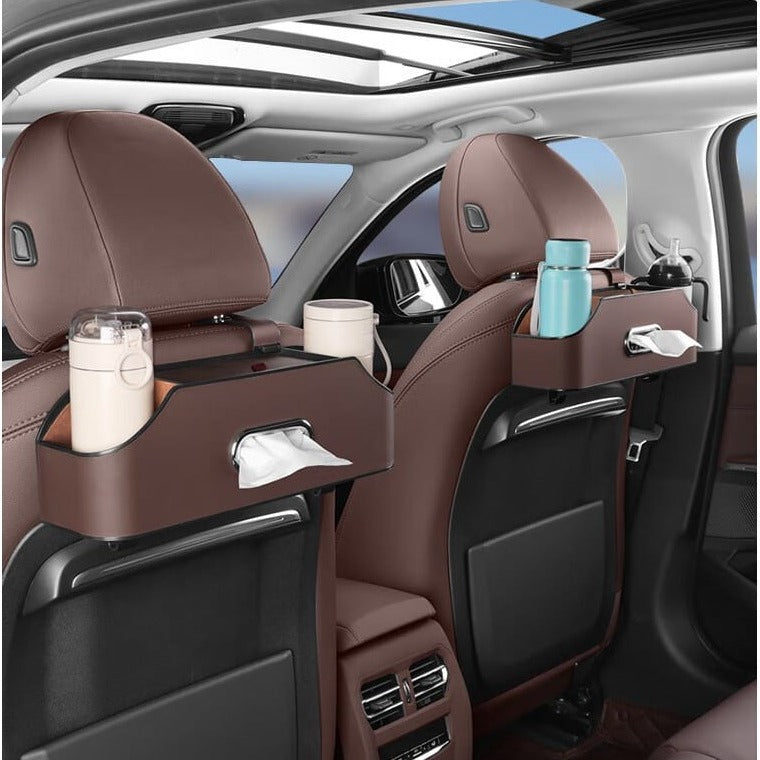 Brown Car Seat Headrest Storage Organizer Box Organized With Bottles and Tissues.
